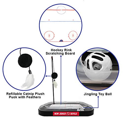 Pets FIrst Cat Scratching Toy NHL New Jersey Devils Hockey Field Cat Scratcher Tiy with Interactive Cat Ball Bell in Tracks. 5-in-1 CAT Toy - color: New Jersey Devils