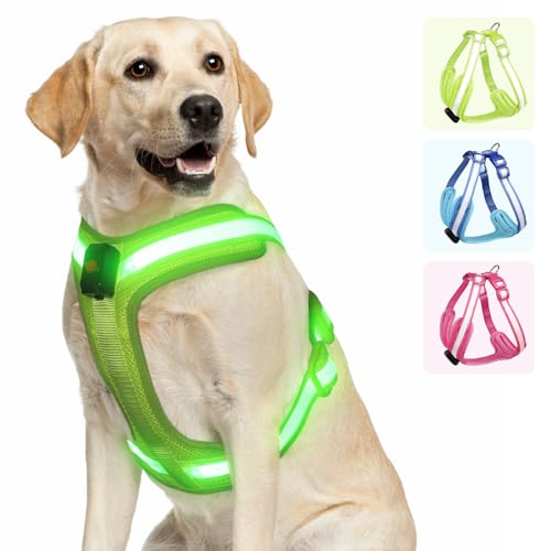Light Up Dog Harness - LED Dog Harness Rechargeable, No Choke Illuminated Glow Dark Harness Vest Waterproof for Medium Large Dogs for Camping Night Safety Walking-Green,M - color: Green, size: Medium