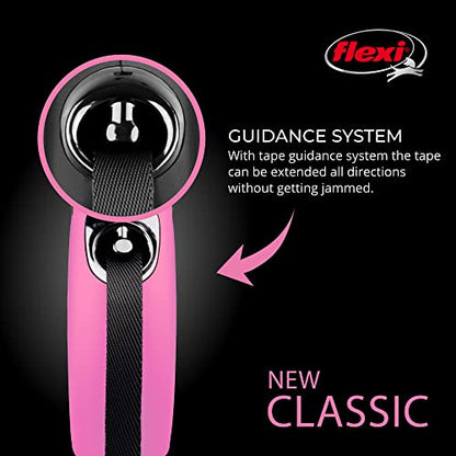 FLEXI New Classic Tape Retractable Dog Leash for Small Dogs Up to 33 lbs. – 16 ft., Pink Tangle-Free Pet Walking Leash with One-Handed Brake, Pause, Lock German Quality Product - color: Pink, size: Small - 16 Feet (Tape)