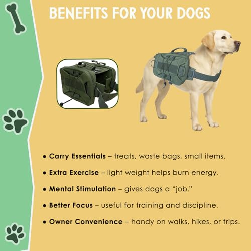 Tactical Dog Backpack Harness – Large, Army Green, 2 Ample Side Pockets | Water Resistant Saddle Bags for Hiking & Camping, Sturdy Vest Fits Medium & Large Dogs - size: Large