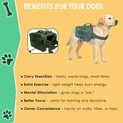 Tactical Dog Backpack Harness – Large, Army Green, 2 Ample Side Pockets | Water Resistant Saddle Bags for Hiking & Camping, Sturdy Vest Fits Medium & Large Dogs - size: Large