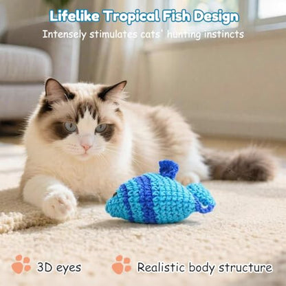 Catnip Fish Toy - Hand-Crocheted with Real Catnip & Bell, Interactive Kicker Toy for Cats Kitten, Soft & Safe for Biting - color: Tropical fish