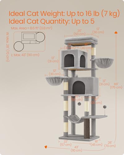 Feandrea Cat Tree, 69-Inch Tall Cat Tower, Multi-Level Plush Condo with 2 Caves, 2 Baskets, 5 Scratching Posts, Self-Groomer, Perch, Hammock, Dove Gray UPCT182G01 - color: Dove Gray