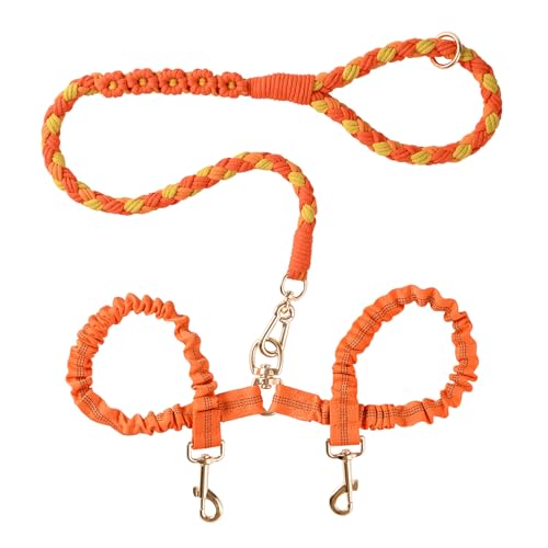 Double Dog Leash – Tangle-Free Dual Leash with 360° Swivel, Shock Absorbing Bungee, Reflective Stitching & Hand-Braided Main Rope (Supports Up to 440 lbs, Orange) - color: Orange
