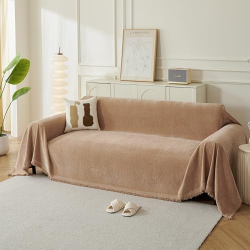Couch Cover for Dogs, Boho Sofa Covers for 2 Cushion Couch, Chenille Sofa Slipcover for Pets Washable, L-Shape Sectional Couch Loveseat Cover Soft Throw Blankets with Tassels(71x102,Khaki) - color: Khaki, size: 71*102 inch