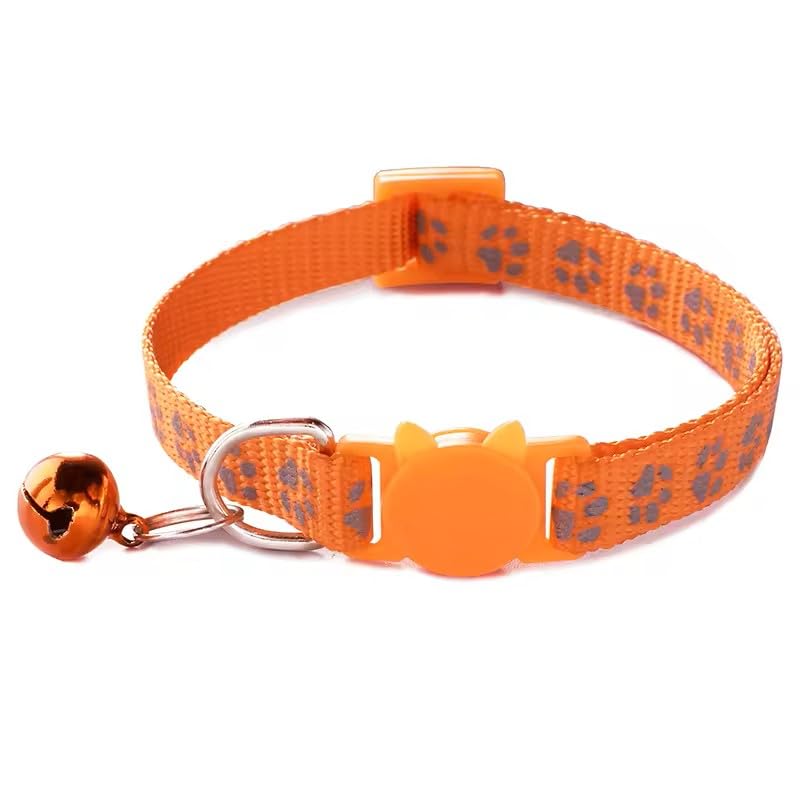 Cat Collar Breakaway Safety with Bell, Cute Reflective Paw Print Pattern (Orange) - color: Orange