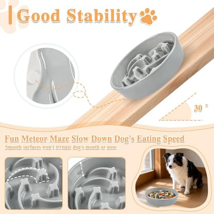 Ceramic Slow Feeder Dog Bowls, 2 Cups Dog Food Dish for Medium and Large Breed, Puzzle Dog Food Bowl for Fast Eater, 28OZ, 8.15 inch(Grey) - color: Grey-L
