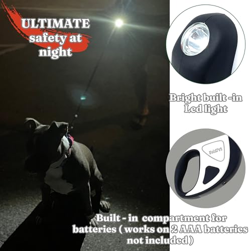 BoldPet® Retractable Dog Leash with LED Flashlight -10 Ft Tangle-Free Long Leash- Anti-Slip Grip - Dog Leash Retractable for Small Dogs up to 44 Lbs- One Handed Brake -Retractable Dog Leash with Light - size: Small