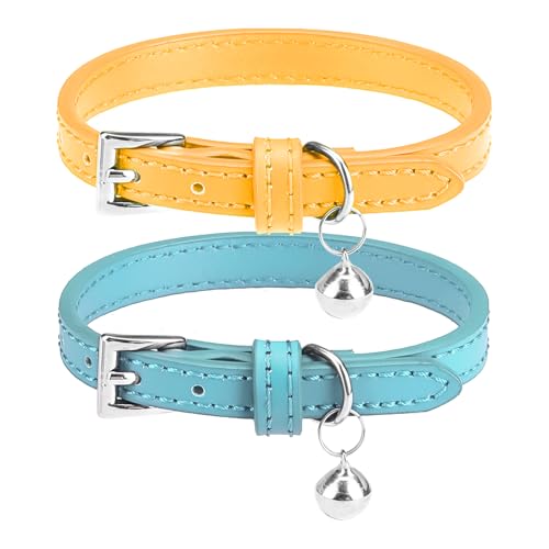 PUPTECK 2 PCS Soft Genuine Leather Cat Kitten Collar with Bells Adjustable for Girl Boy Cats Puppy - Yellow, Teal - color: Yellow&Teal