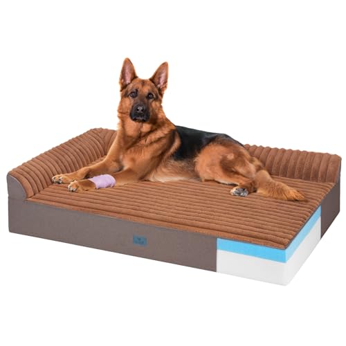 Veehoo Orthopedic Dog Bed for Large Senior Dogs, 7 Inch Thick XXL Memory Foam Dog Bed with L Shaped Bolsters, Orthopedic Pet Couch with Waterproof Liner & Removable Washable Cover, 52"x36"x7" - color: Brown, size: 52"L x 36"W x 7"Th