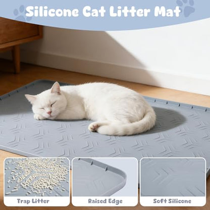 JUJOMAT Cat Litter Box Mat, 40"*28" Large Silicone Cat Litter Trapping Mat Non-Slip Gray Kitty Litter Mat for Indoor Cats, Waterproof Pet Food Mats Easy to Clean & Soft on Kitty Paws - size: 40"L x 28"W