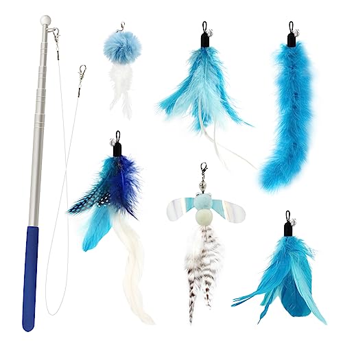 Cat Feather Toys Wand - 7 Pcs Interactive Cat Toys for Indoor Cat Kitten, Retractable Cat Wand Toy with 6 Feather Teaser Refills with Bell, Cat Fishing Pole Toy, Blue - color: Blue