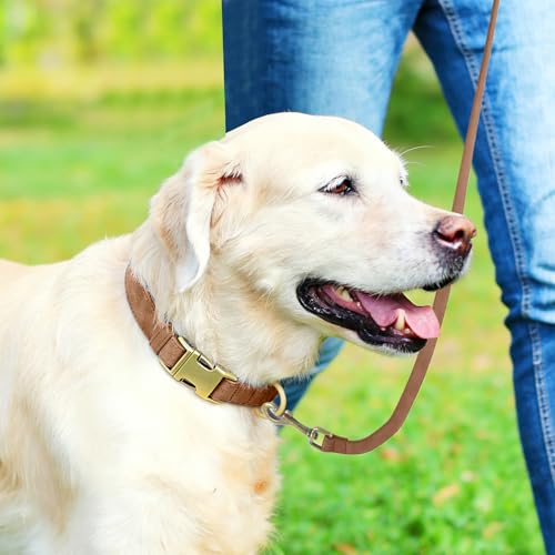 Genuine Leather Dog Collar - Adjustable Pet Collar with Quick Release Metal Buckle, Soft Skin Friendly Real Leather Collar for Small, Medium, Large Dogs (Brown Collar + Rope, L：Fit 15-23" Neck) - color: Brown Collar + Rope, size: L：Fit 15-23" Neck