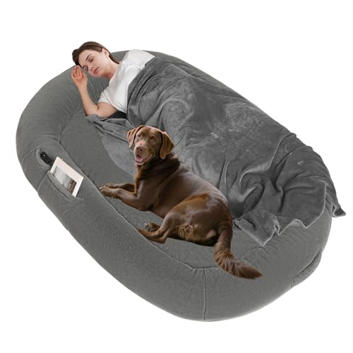 Human Dog Bed with Blanket, 71"x47.2"x9" Extra Large Fits Adult & Pets, Reversible Orthopedic Gel Memory Foam Cushion, Washable Faux Rabbit Fur, Plump Edge, Storage Pocket, Cement Grey - color: Cement Grey, size: 71.0"L x 47.2"W x 9.0"H