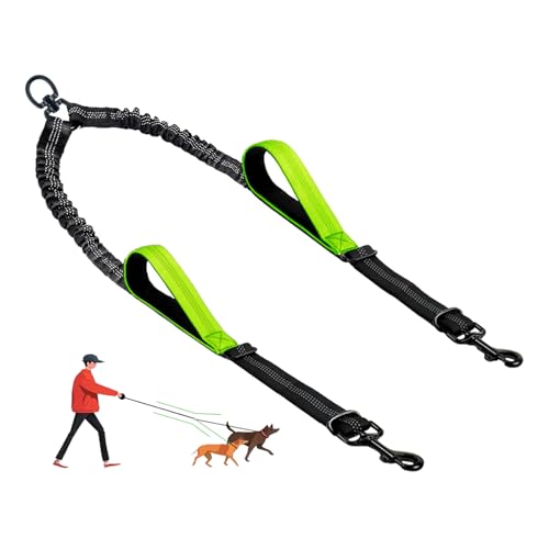 Double Dog Leash - No Tangle Splitter for Two Dogs, Coupler with Adjustable Long Lead Rope, Dual Control Handles, Retractable No Pull Bungee, Walk Train Small Medium Large 2 Pets (Green) - color: Green