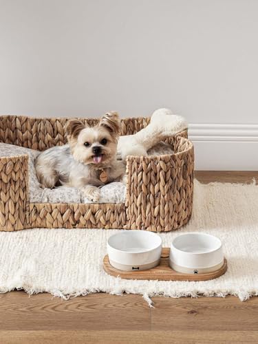 LE TAUCI PET Ceramic Dog and Cat Bowls Set with Acacia Wood Tray - 2 Cup Weighted Non-Slip Food and Water Dishes for Small Dogs & Cats, Pet Bowl Set of 2 - size: S-2 Cups