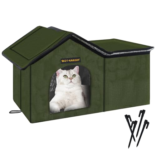 Rest-Eazzzy Cat House for Outdoor Cats, Weatherproof and Insulated Feral Cat House with Mat and Clip, Easy to Put Together, Selfwarming Cat Shelter for Summer(Green, Waterproof House-S) - color: olive green, size: waterproof house-L