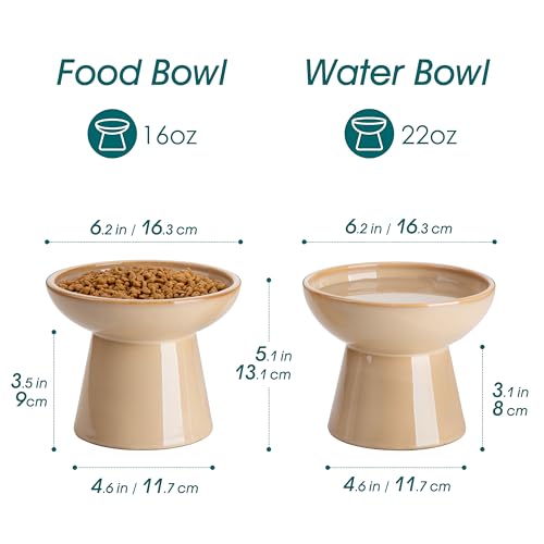 vancasso Ceramic Elevated Cat Bowls 2-Pack - 6.2" Extra Wide Raised Cat Food & Water Dishes, 5.1" Optimal Height Anti-Whisker Fatigue Shallow Bowls for Cats/Kittens/Dogs, Lead & Cadmium Free (Brown) - color: Brown