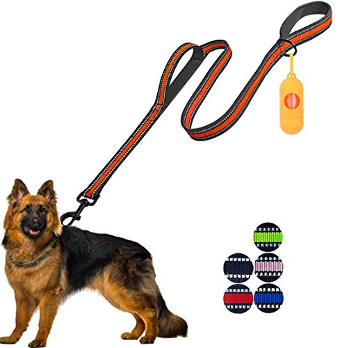 JSXD Heavy Duty Double Handle Dog Leash - 5 FT with Padded, Reflective Rope for Small to Large Dogs (Wide-Orange) - color: Wide-Orange