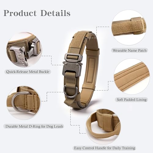 Tactical Dog Collar and Leash Set Adjustable Military Nylon Dog Collar with Control Handle and Heavy Duty Metal Buckle for Large Dogs （Brown S - color: Brown SET(collar+leash), size: Small (Pack of 1)