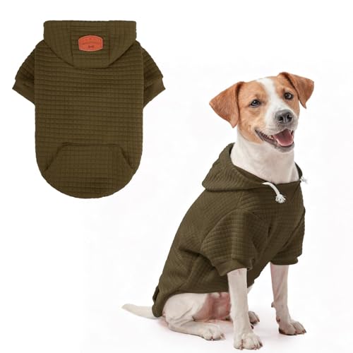 BEAUTYZOO Dog Hoodie with Leash Hole and Pocket,Dog Sweaters for Small Medium Large Dogs Boys Girls,Waffle-Like Laminated Cotton Warm Outfits for French Bulldogs, Pitbull, Winter Puppy Clothes Jacket - color: Army Green, size: S (Back: 12",Chest: 16", Nec