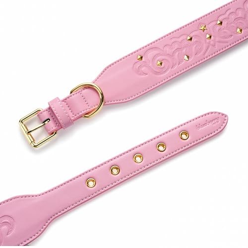Blueberry Pet Premium Embossed Pink Glam Silver-Powered Freshness Microfiber Leather Dog Collar with Gold Studs - color: Pink, size: Large