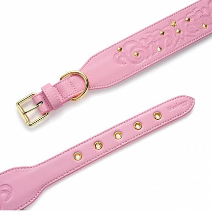 Blueberry Pet Premium Embossed Pink Glam Silver-Powered Freshness Microfiber Leather Dog Collar with Gold Studs - color: Pink, size: Large