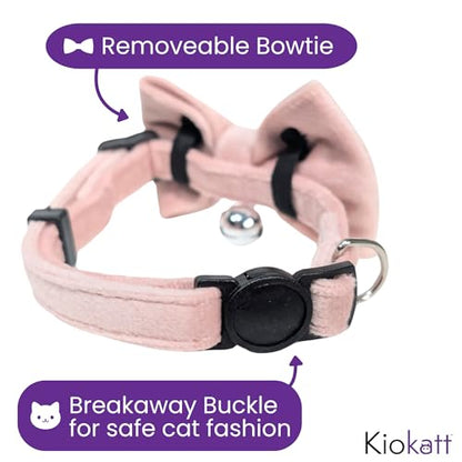 Velvet Bowtie Cat Collar with Bell – Adjustable Breakaway Pink Cat Collar for Adult Cats (7–11 in) - color: Pink