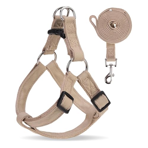 BINGPET Denim Step-in Dog Harness,No Pull Escape-Proof Dog Harness and Leash Set,Adjustable Quick Fit Dog Halter Vests for Small Medium Size Dogs Back Clip Anti-Twist for Easy Walking Training Running - color: Khaki, size: S(Chest Girth:14.9''-20.9'')