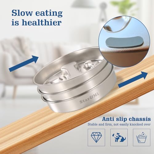 Stainless Steel Slow Feeder Dog Bowls – Non-Slip Metal Dog Bowl for Large & Medium Breeds, Puppy Puzzle Feeder – 2 Cup Capacity for Small to Big Pets – Durable Slow Feed Dog & Cat Food Dish with Mat - color: Bone&Heart With Mat-Blue
