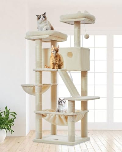 Taoqimiao Cat Tree 57.5-Inch, Cat Tower for Indoor Cats Large Adult, Extra Large Cat Condo, 8 Sisal Scratching Posts, Metal Frame Cozy Hammock, Durable Scratch Board, 2 Top Perches, Beige MS026M - color: Beige, size: 57.5 Inches