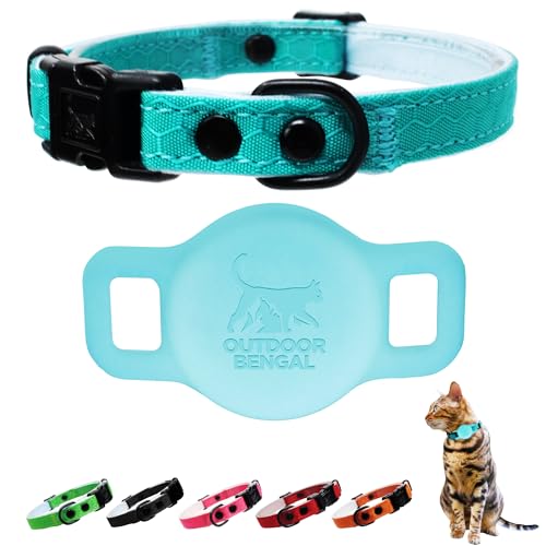 OutdoorBengal Breakaway Cat Collar + Airtag Holder, No Bell - Compatible Silicone Case, Breakaway Airtag Cat Collar for Apple Air Tag - Waterproof Tracking Collars for Boy, Girl, Cats, Kittens (Blue) - color: Caribbean Blue