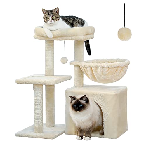PEQULTI Small Cat Tree, [28.5''] Cat Tower for Indoor Cats, 2 Styles Activity Tree with Cat Scratching Posts, Big Hammock and Removable Top Perch Beige - color: Beige, size: 28''