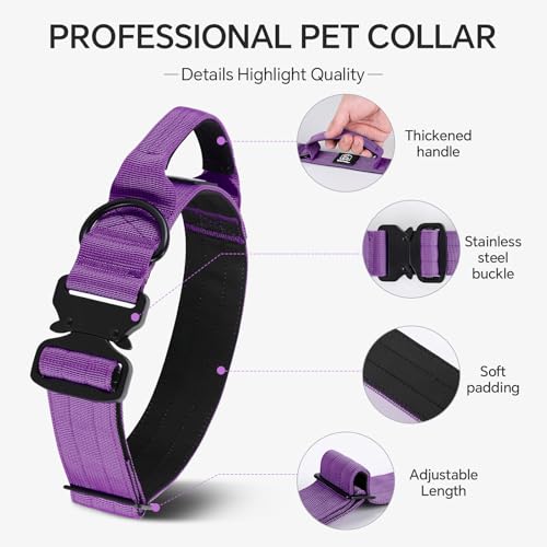 Tactical Thick Dog Collar, Adjustable Training Nylon Dog Collar, Heavy Duty Metal Buckle & Control Handle for Small Medium Large Dogs (L, Purple) - color: Purple, size: L