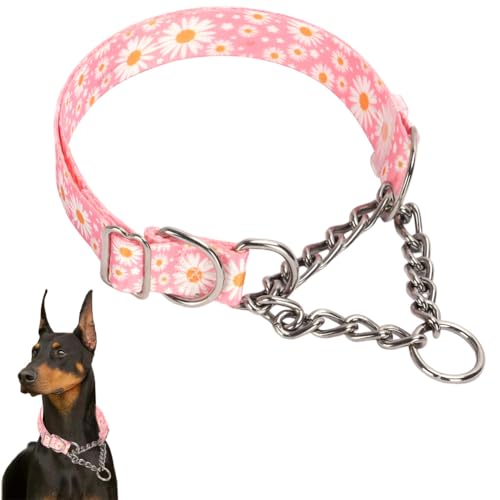 Martingale Collar，Stainless Steel Chain Martingale Collar for Dogs, No Pull Slip Cinch Choker Choke Heavy Duty Dog Collar - color: Pink Daisy, size: XL(Neck22-28")