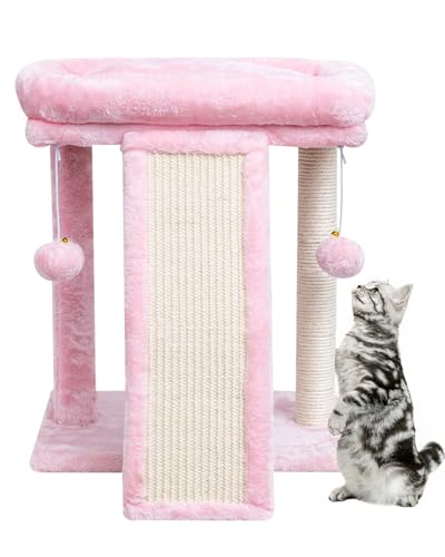 SYANDLVY Small Cat Tree with Scratching Board, Cat Scratching Post for Adults, Cat Scratcher for Indoor Cats, 2 Dangling Balls Great for Kittens - color: Pink