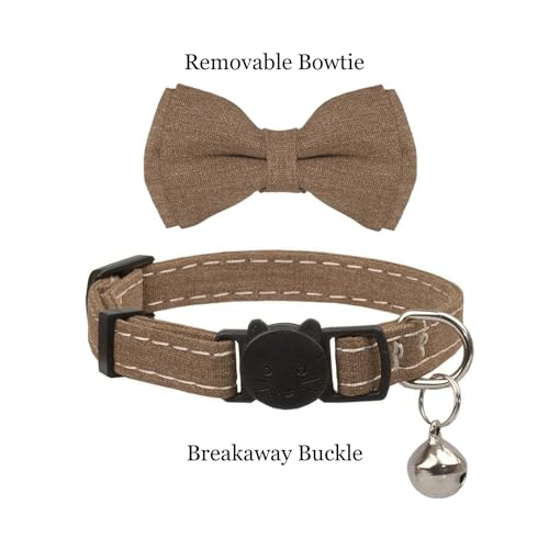 Breakaway Cat Collar, Removable Bowtie, Clear Bell, Safe Release, Quick Release.(Solid Brown) - color: Solid Brown