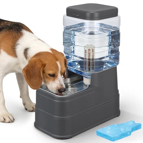 Automatic Dog Water Dispenser Gravity Stainless Steel Water Feeder Cat Waterer Feeder with Wide Mouth Bowl for Small Medium Dog Puppy Kitten (Filter &Ice Pack Included) 1.6Gallon Gray - color: Grey, size: 1.6Gallon/6L