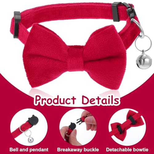 Cat Collar Breakaway Cat Bow Tie Adjustable from 7 to 11 Inches Soft Velvet Bowtie Cat Collar with Bell for Kitten Puppy Cats Wedding Costumes (Red) - color: Red
