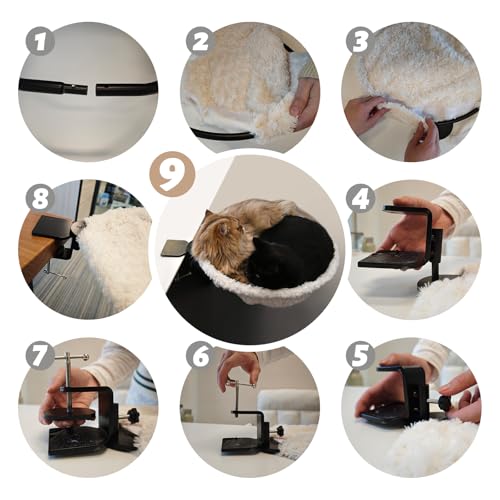Round Cat Bed for Desk, Sturdy Elevated Pet Hammock for Small Cats, All-Season Breathable Workspace Cat Seat, Space-Saving Desk Mounted Hanging Cat Hammock, Washable Cushion, Grey - color: Rose Velvet-Slate Gray
