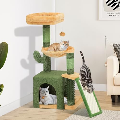 YITAHOME 37in Tall Cactus Cat Tree Tower: Cute Kitten Climbing Tower with Self-Grooming Brush, for Indoor Cats with Kitty Condo Plush Platform Hammock Sisal Scratching Posts Dangling Ball - style: Cactus-37in