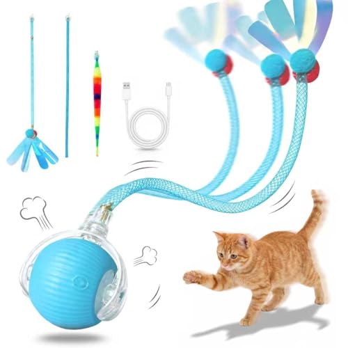Rechargeable Smart Rolling Cat Ball, Automatic Interactive Cat Toy with 3 Modes, LED Light & 3 Replaceable Accessories, Indoor Cat Exercise Toy for Kittens & Adult Cats, for Boredom Relief Sky blue - color: Sky blue
