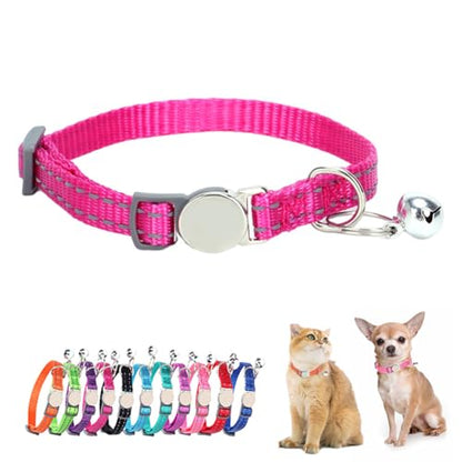 Reflective Cat Collar with Bell, Soft Nylon Break Away Kitten Collar with Bells, Breakaway Dog Collars for XXS Xs Small Tiny Little Girl Pet Dogs, Neck 7-11 Inch Hot Pink - color: Hot Pink