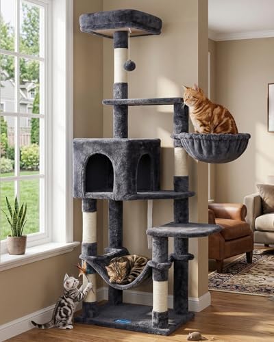 Hey-brother Cat Tree with Large Hammock, Multi-Level Cat Tower for Indoor Cats, Cat Condo with Sisal-Covered Scratching Posts and Top Perch, Smoky Gray MPJ050G - color: Smoky Gray