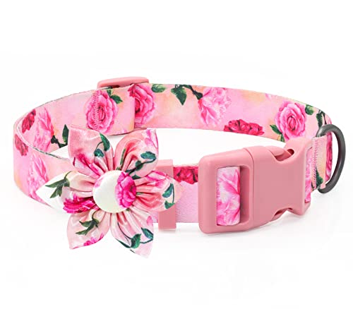 Pink Floral Girl Dog Collar with Rose Flower Bow Tie for Cute Girl Female Cats, Small Medium Large Dogs Spring Summer Season for Your Furbaby - color: Rose-Pink, size: Small