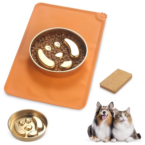Golden Stainless Steel Slow Feeder Dog Bowls – Non-Slip Metal Dog Bowl for Large & Medium Breeds, Puppy Puzzle Feeder – 2 Cup for Small to Big Pets – Durable Slow Feed Dog & Cat Food Dish with Mat - color: Face With Mat-Golden