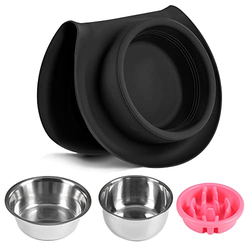 100% Waterproof BPA Free Pet Dog Bowls2 Stainless Steel（53oz+27oz） with 1.35“ Raised Edge Silicone Mat + Slow Feed Dog Water and Food Bowls for Feeding Small Large Dogs Cats Puppies (Black) - color: Black