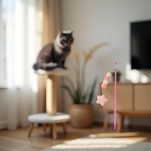 Pink Cat Stick Toy Elastic Rope Plush Ball Star Pendant Bite-Resistant Comfortable Grip Relieve Boredom Handmade Kitten Teaser Wand Cat Mice and Animals Toys