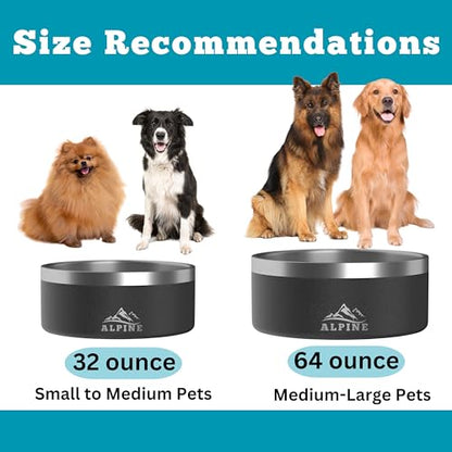 Alpine Set of 2 Stainless Steel Dog Bowls, Non Slip, Metal Pet Bowl for Food and Water, Double Walled Insulated, Rustproof, Dishwasher Safe - Black (AB) - color: Black, size: 32 oz