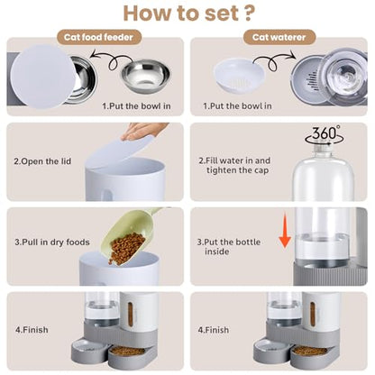2 Pack Automatic Cat Feeder Stainless Steel Water Dispenser Gravity Food Feeder and Waterer Set with Pet Food Bowl for Small Medium Kitten Puppy Pets Large Capacity(Grey) - color: Grey